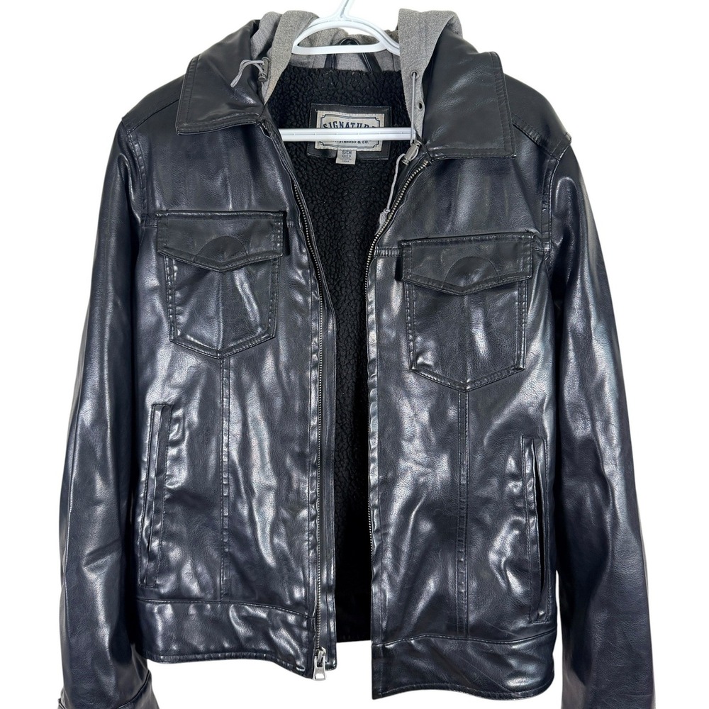 Levi Strauss Faux Leather Hooded Jacket Mens S Black Sherpa Lined Full Zip